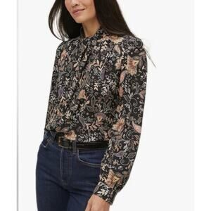 Michael Stars Blouse 1X Black Floral Paisley Tie Neck Officecore Whimsygoth